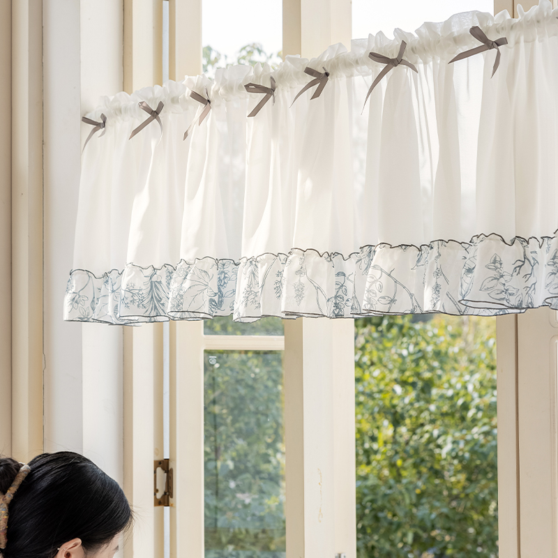 厨房短帘法式窗j帘拱形门书柜半门帘小半截遮挡遮丑蕾丝免打孔纱