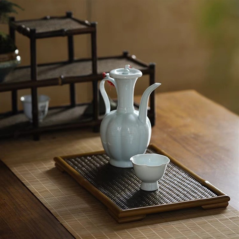 中式竹篾宋席f茶盘 家用干泡壶承功夫茶具长托盘 棕竹茶盘