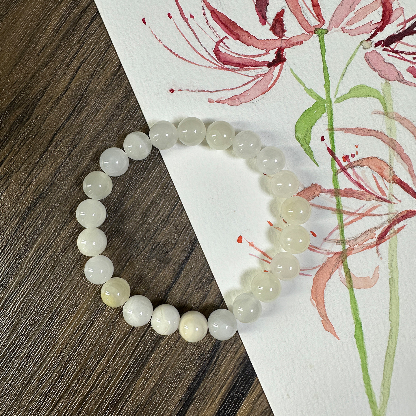 女士阿富汗花玉手串单圈白色透明天然玉石手链小众清新甜美手饰女