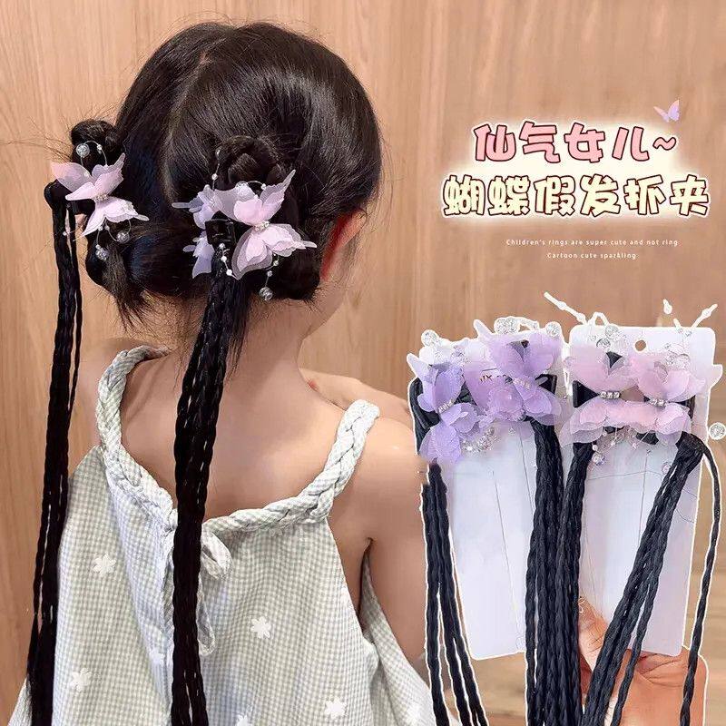 2025新款假发辫子发饰女童后脑勺发圈套装蝴蝶结粉色轻奢高级感