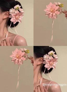 侧边刘海仿真花头饰飘带粉色纯欲感~花朵发夹女度假海边配饰头花
