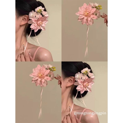 侧边刘海仿真花头饰飘带粉色纯欲感~花朵发夹女度假海边配饰头花