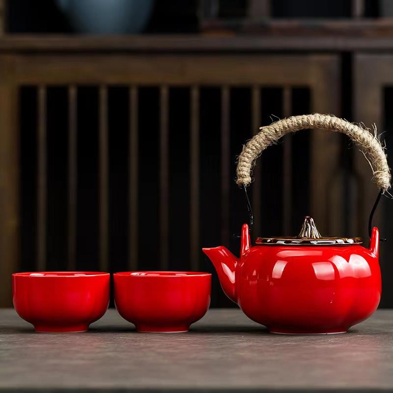 简约柿柿如意一壶两杯提梁壶功夫茶具套装羊脂玉茶壶节日礼品定制