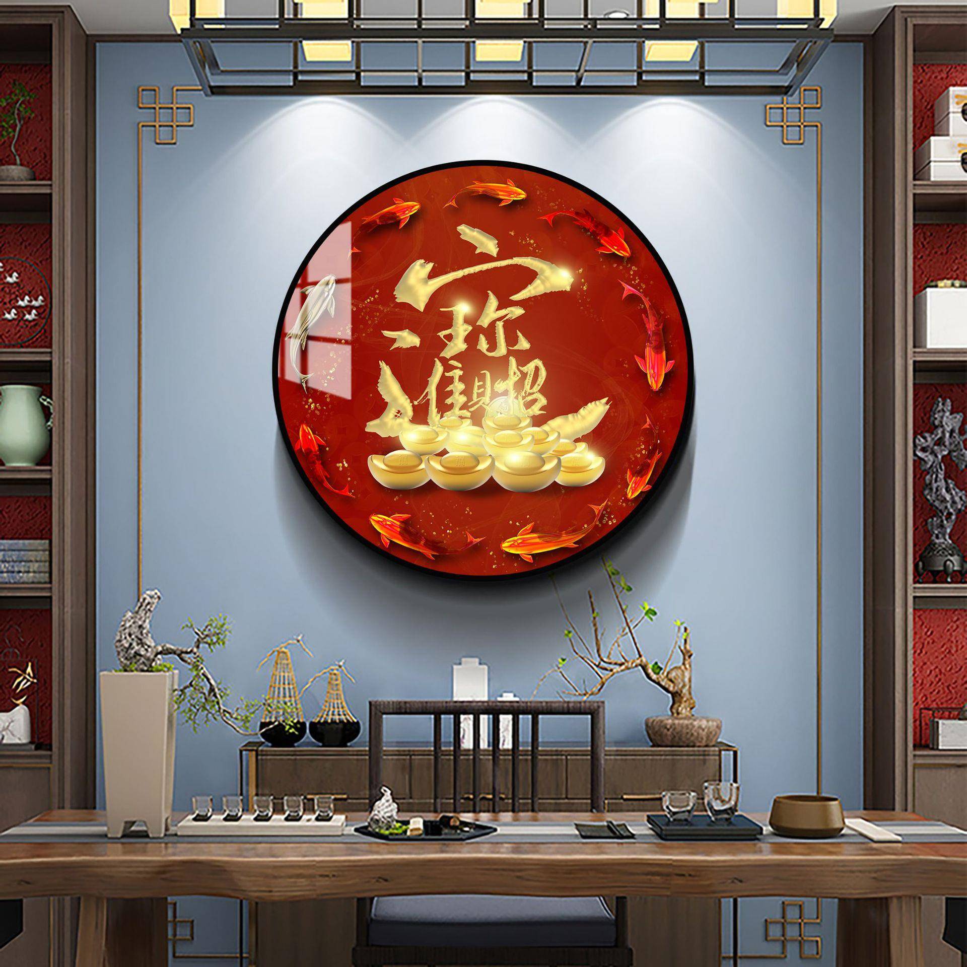 五福临门玄关圆形装饰画现代轻奢中式风红色喜庆招财挂画走道挂画