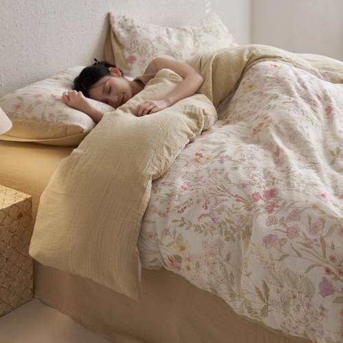 A类全棉三层纱床上四件套小清新被套床单简约高级感花卉床品床笠