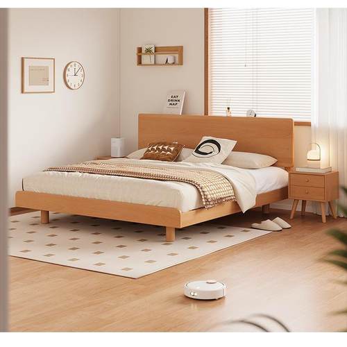 榉木全实木床1.8米双人床主卧日式原木风1.5北欧纯实木次卧悬浮床