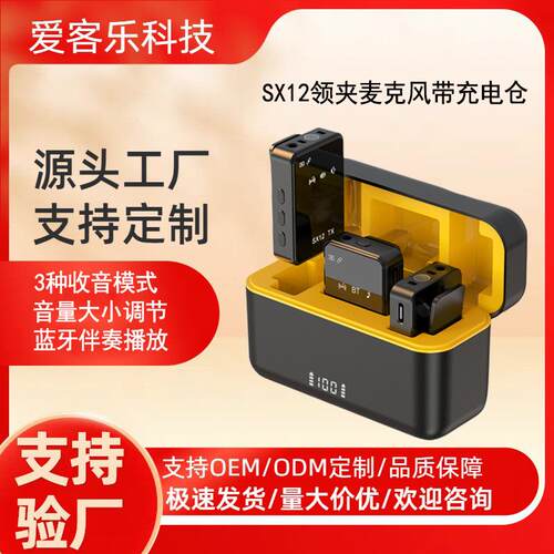 新款私模SX12方形无线领夹麦克风带充电仓直播收音话筒一拖二降噪