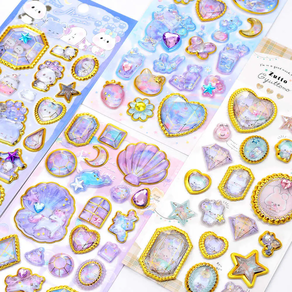 少儿日系梦幻立体浮雕宝石贴纸可爱兔子烫金手机装饰贴画