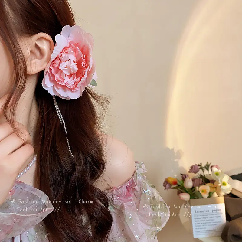 ins高级感花朵镶钻流苏发夹氛围感抓夹小众百搭夹发饰女