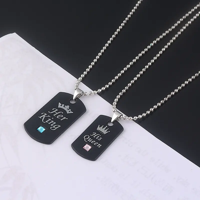 欧美流行情人节礼物 her king his queen 情侣镶钻牌项链