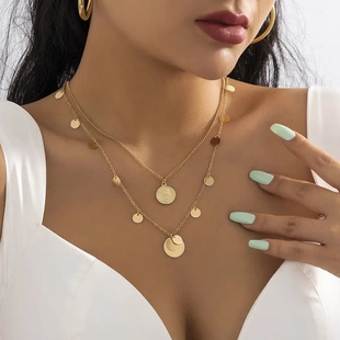 欧美饰品 简约金属立体几何项饰 复古人像亮片流苏双层项链女