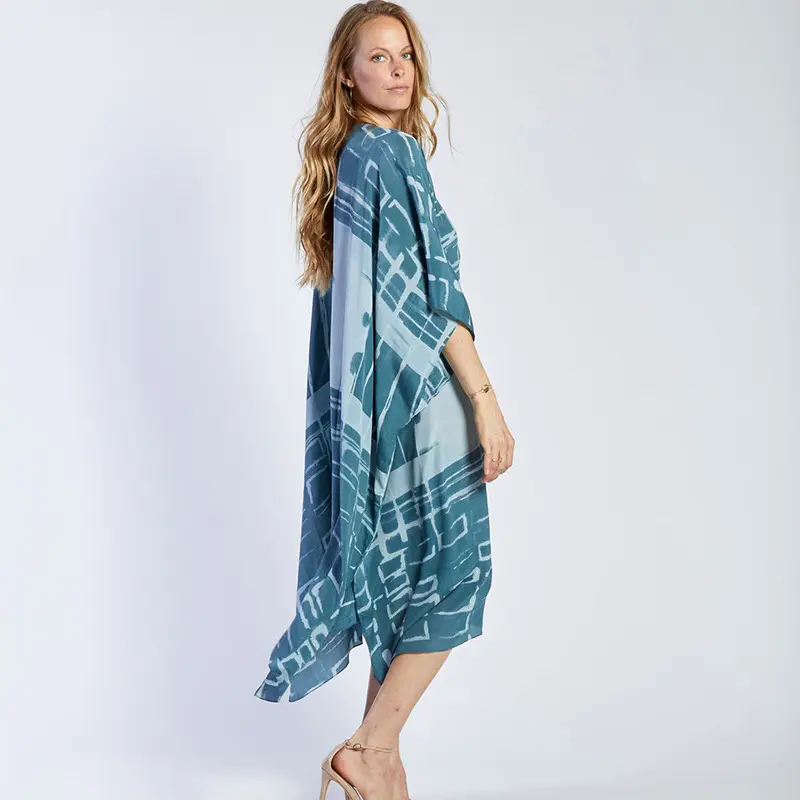 欧美新款蓝绿几何块沙滩长袍宽松大码比基尼外罩衫度假长裙防晒衣