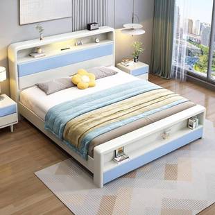 北欧实木儿童床单人床男孩多功能储物双人床女孩公主床学生床蓝色