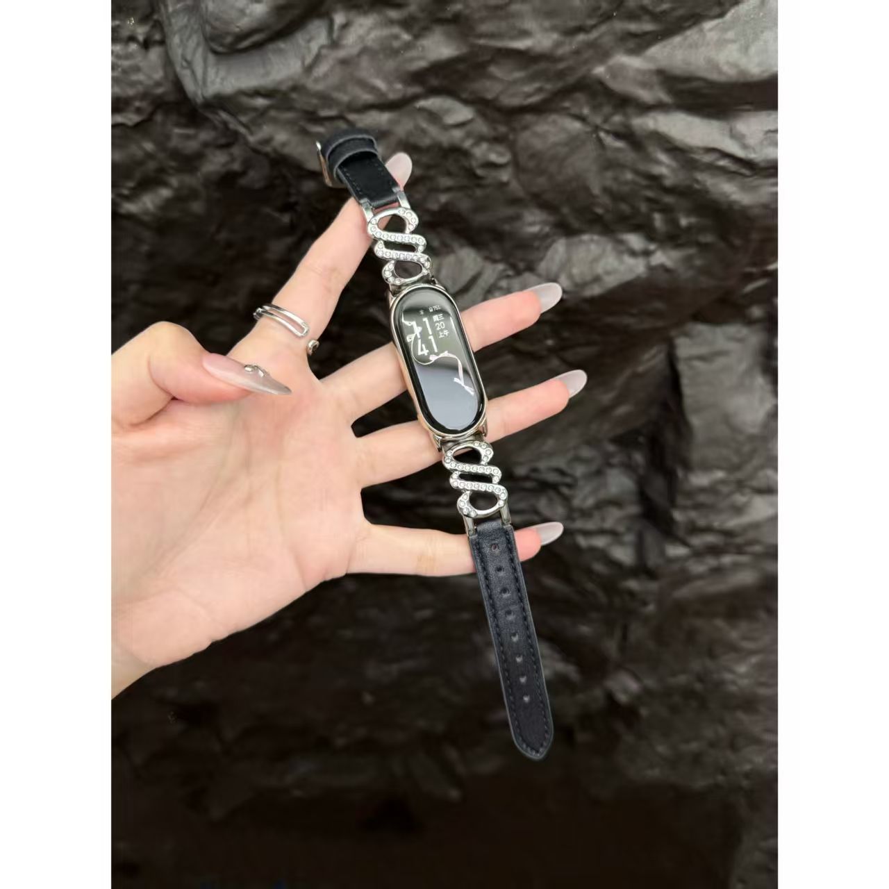 S镶钻拼皮适用小米10腕带小米9pro手环表带通用红米watch4/5皮质8