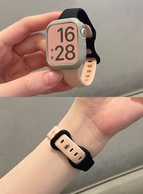 3929苹果applewatch10表带S9小蛮腰ins风硅胶蝴蝶扣se表带876撞色