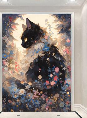 新款方钻满钻钻石画 画手工贴钻印花十字绣镶钻套件花环黑色猫咪