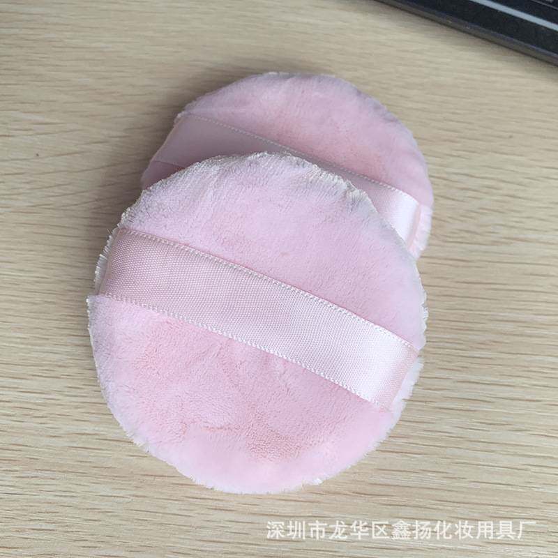 立绒散粉扑水晶绒短绒毛蜜粉饼扑双面植绒丝带款圆形海棉粉扑 - 实物图