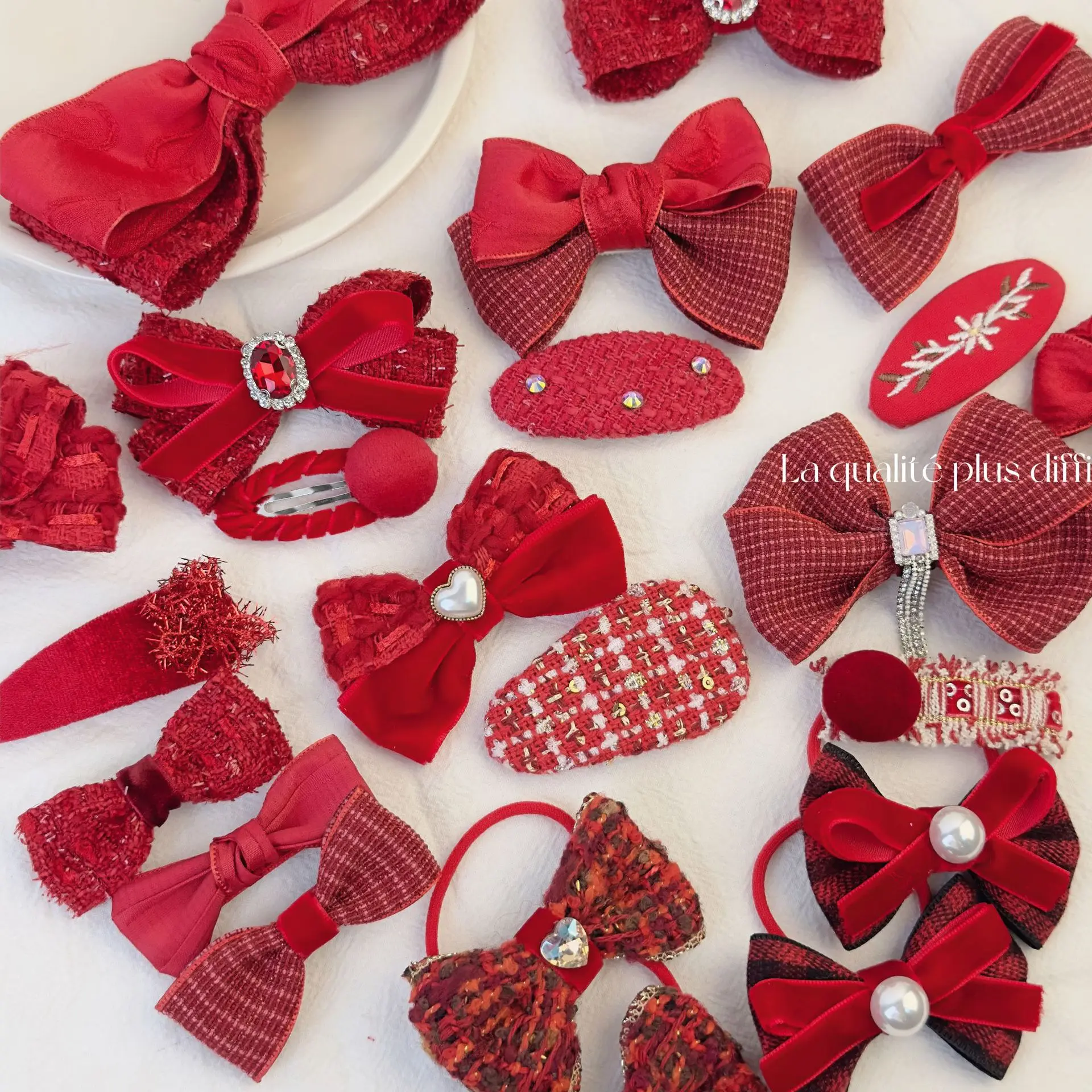 新年喜庆中红色系水钻结发夹少儿甜布艺bb夹发饰