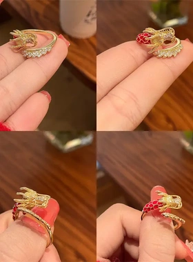 本命龙年红色戒指轻奢精致微镶锆石龙形开口戒小众独特生肖龙戒子