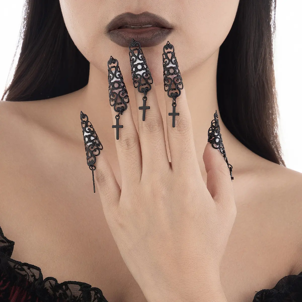 欧美饰品 哥特风镂空锥形指甲套连指戒指 小众金属流苏指环女