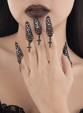 欧美饰品 哥特风镂空锥形指甲套连指戒指 小众金属流苏指环女