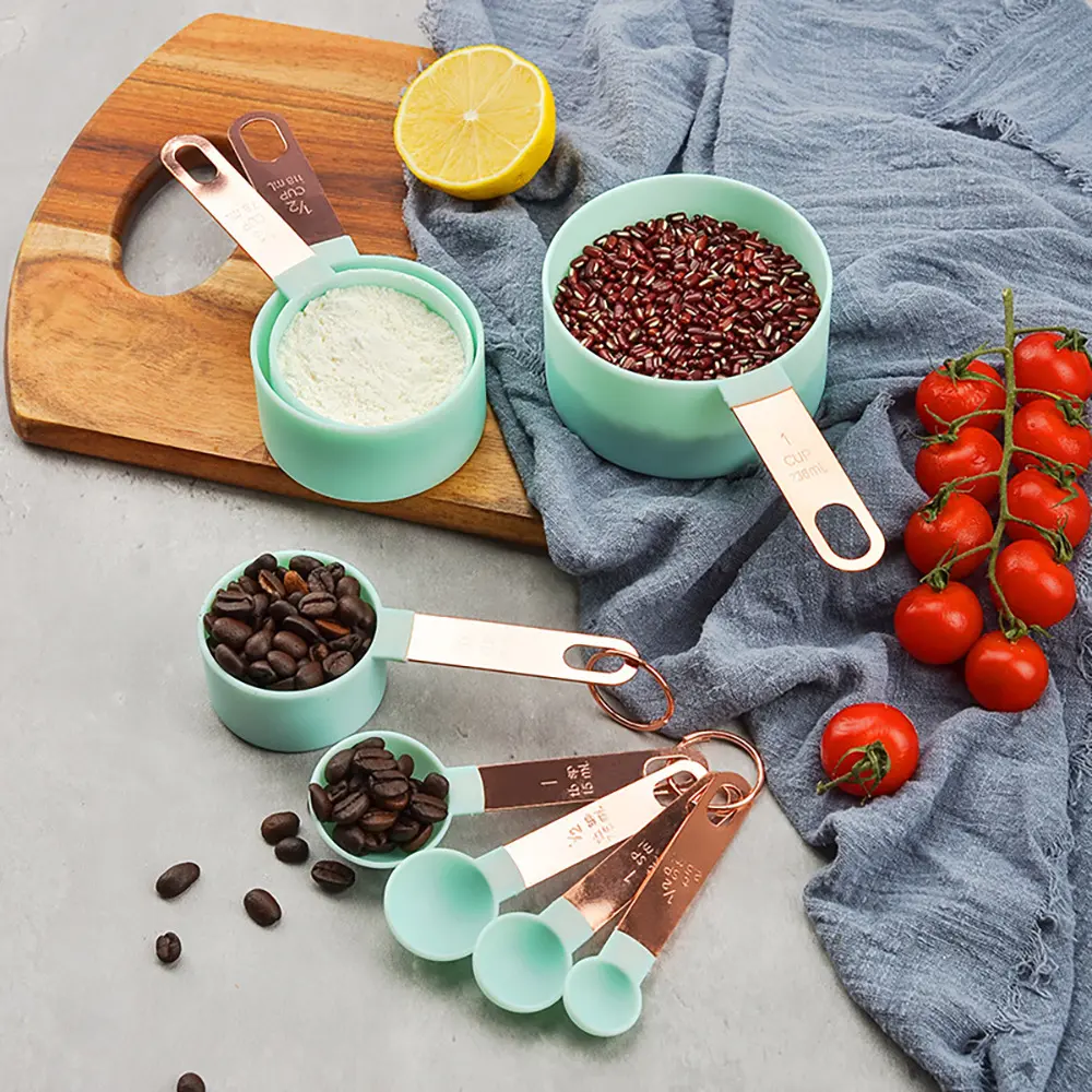 不锈钢量杯量勺套装带刻度金色塑料咖啡量勺8件套厨房烘焙工具