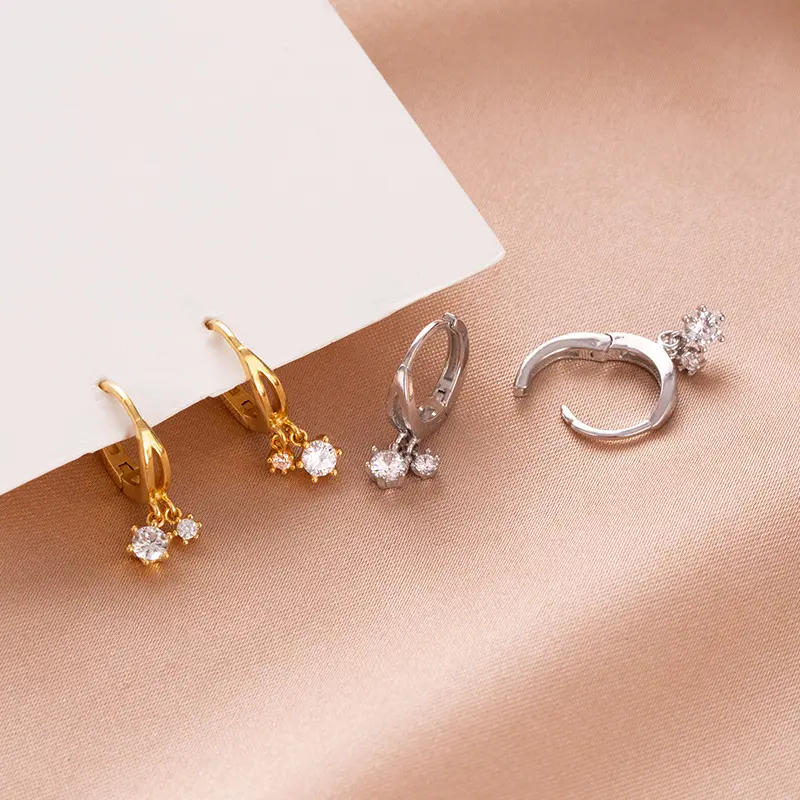 s925银韩版简约镶钻圆形耳扣小清新气质吊钻耳环女锆石耳饰