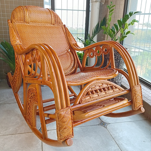 天然真藤摇椅家用藤椅久坐不累舒B适老人椅休闲大人躺椅阳台摇摇