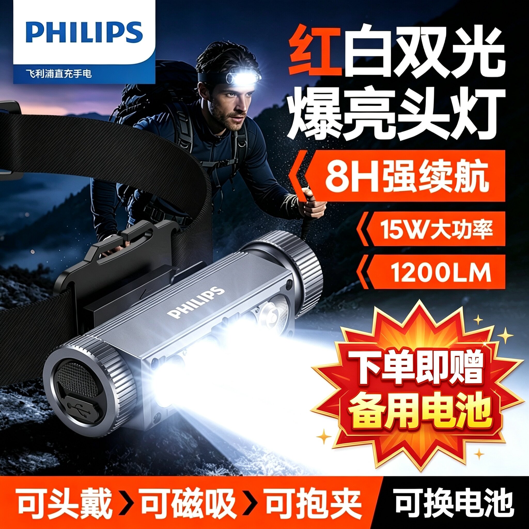 飞利浦强光头灯超亮头戴式超长续航可充电2026新款户外钓鱼专用