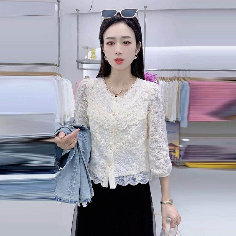 推荐时尚法式圆领蕾丝衫女2026春季新款钩花洋气漂亮小衫百搭显瘦