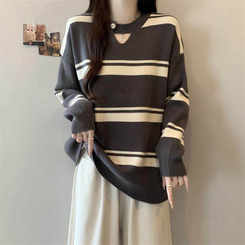 新品条纹长袖针织打底衫毛衣女春秋2025大码胖mm遮肚子设计感镂空