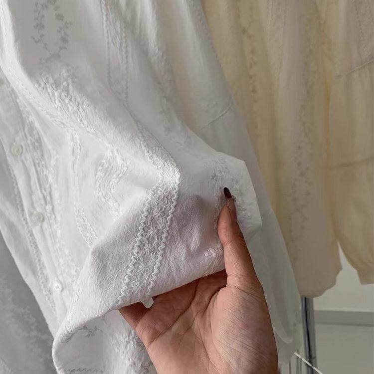 推荐法式白色刺绣棉麻长袖衬衫女早秋2026新款高级感泡泡袖娃娃衫