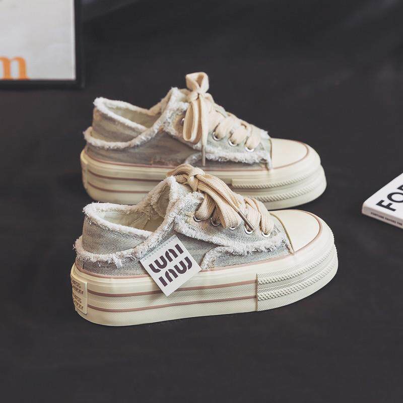 新品夏季新款厚底红色透气半拖帆布鞋女款小众休闲板鞋女鞋两穿一