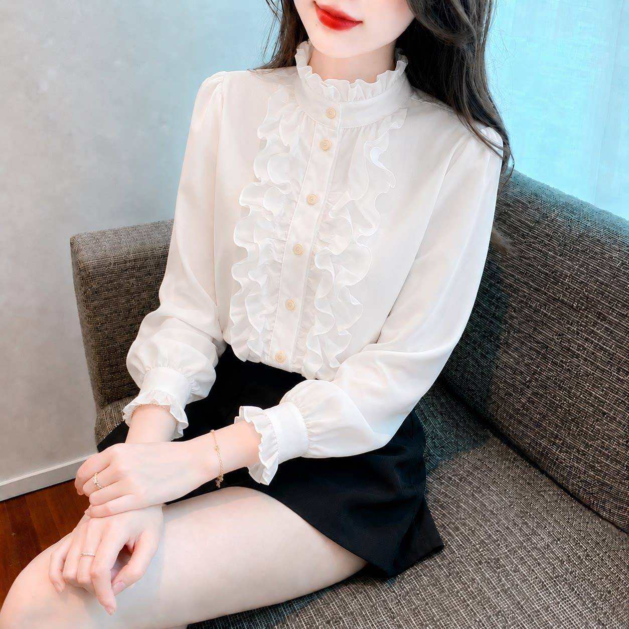推荐法式气质荷叶边立领白色衬衫女2026春秋洋气百搭打底小衫别致