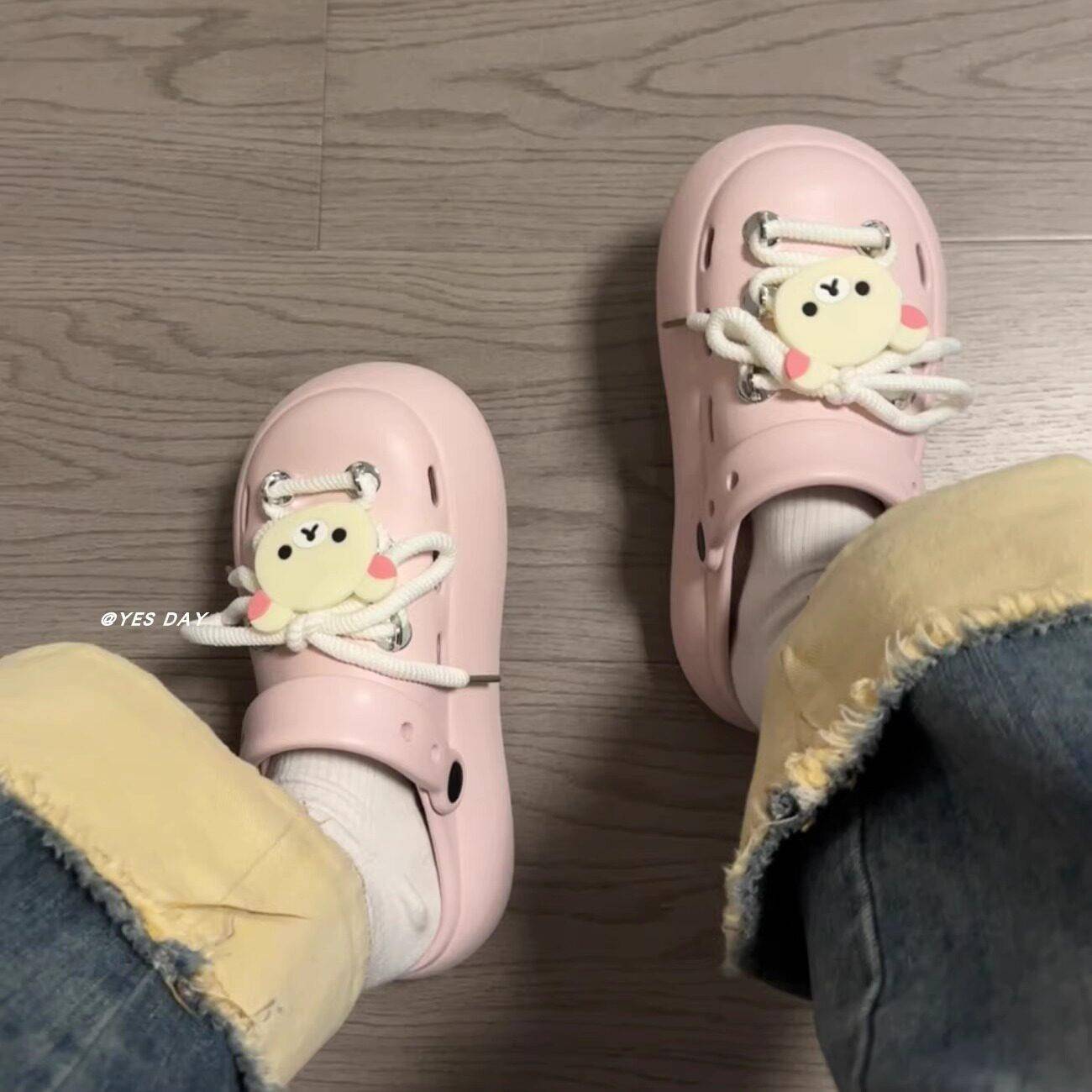 推荐可爱小熊小众绑带洞洞鞋女外穿2025夏季新款厚底增高两穿包头