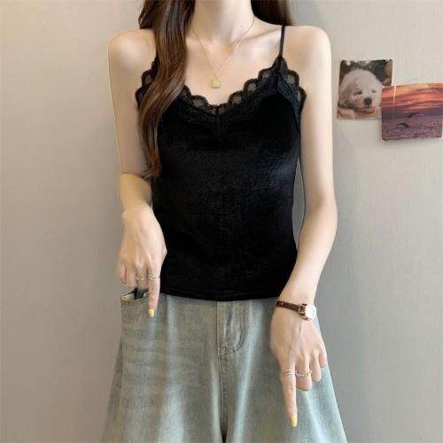 新品黑色法式丝绒吊带背心女2025秋季大码胖mm美背带胸垫文胸一体