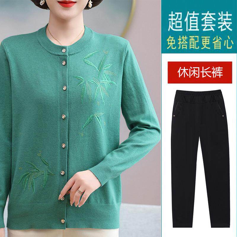 新品中老年女装秋装妈妈毛衣薄款开衫外套奶奶纯色圆领洋气针织衫