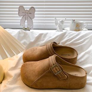 新品厚底内增高两穿勃肯鞋包头半拖鞋女外穿2025新款秋季复古博肯