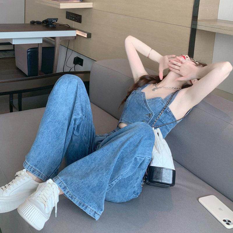 推荐牛仔套装女短款小吊带背心抹胸上衣+拖地长裤时尚洋气炸街两