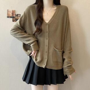 新品宽松慵懒V领红色针织开衫女秋冬季大码胖mm百搭软糯休闲毛衣