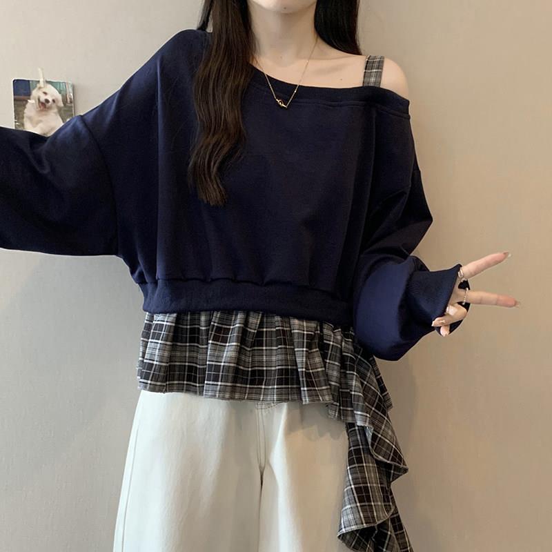 推荐大码露肩不规则格子拼接长袖假两件卫衣女秋冬季胖MM宽松显瘦