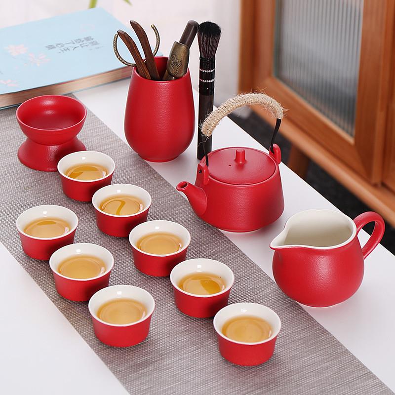 功夫茶具套装陶瓷磨砂红色简约家用个性提梁茶壶盖碗茶道整套旅行