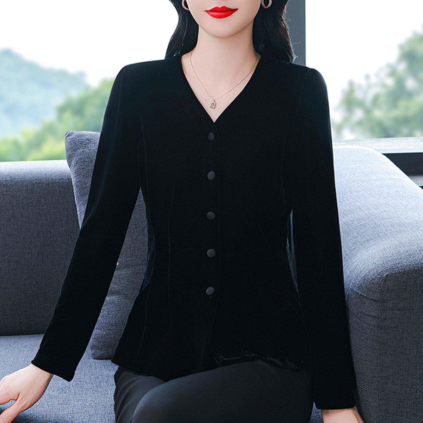 推荐高级感黑色金丝绒长袖T恤打底衫女士秋装新款气质收腰显瘦V领