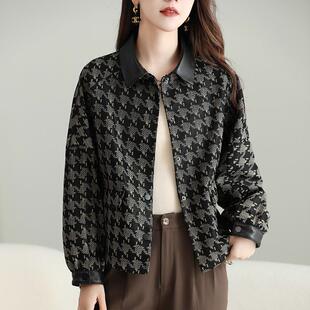 新品妈妈装印花翻领真皮皮衣女短款2023秋冬款海宁绵羊皮宽松夹克