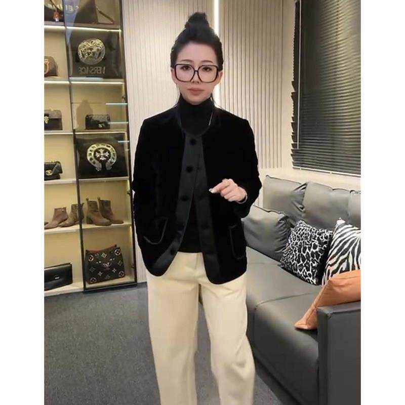 推荐黑色时尚洋气简约百搭棉服女秋冬新款丝绒显瘦遮肉高级感休闲