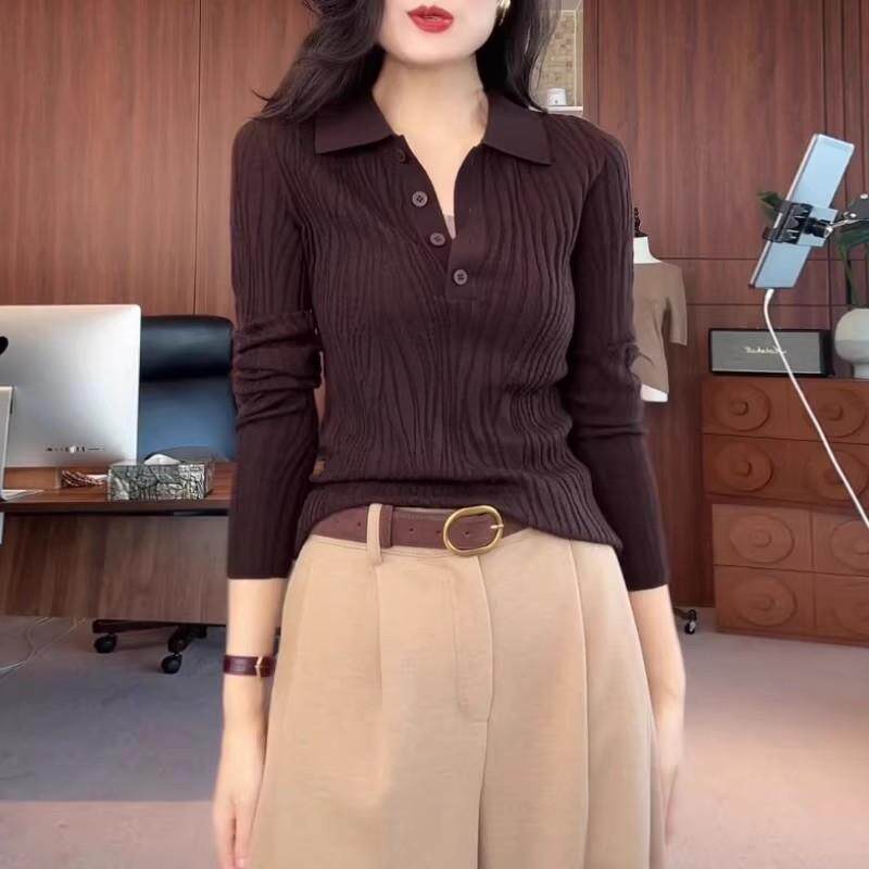 推荐韩版百搭Polo领长袖针织衫女秋2026大码胖mm坑条显瘦气质打底