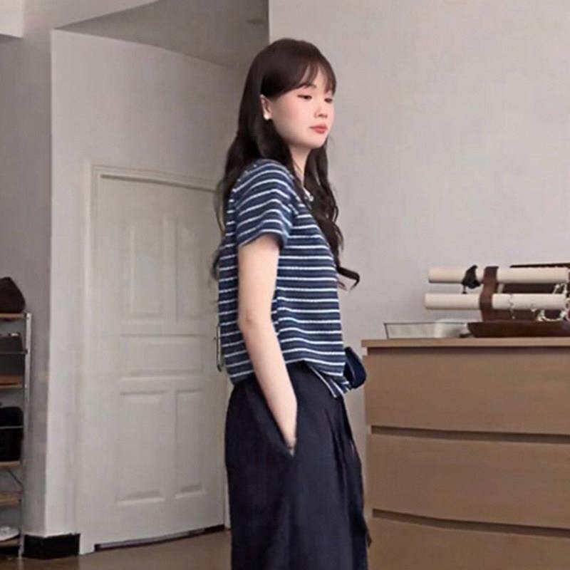 推荐独特撞色条纹短袖打底T恤韩系新款宽松休闲别致女装圆领新款