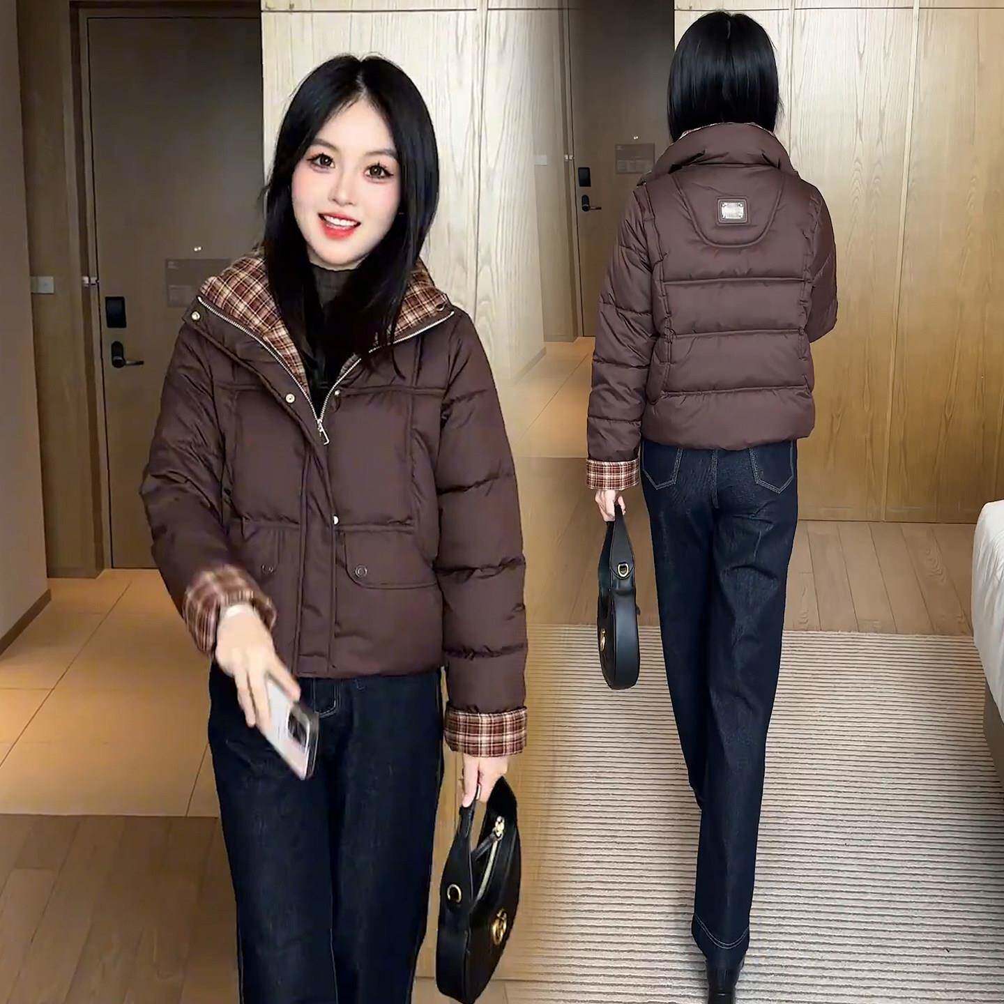 推荐时尚洋气短款棉服女2026冬季新款小个子保暖显瘦格纹拼接棉衣