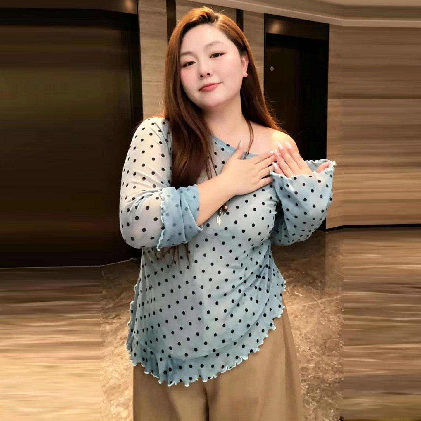 推荐大码韩系甜美风波点长袖T恤女秋季胖mm露肩荷叶边显瘦百搭上