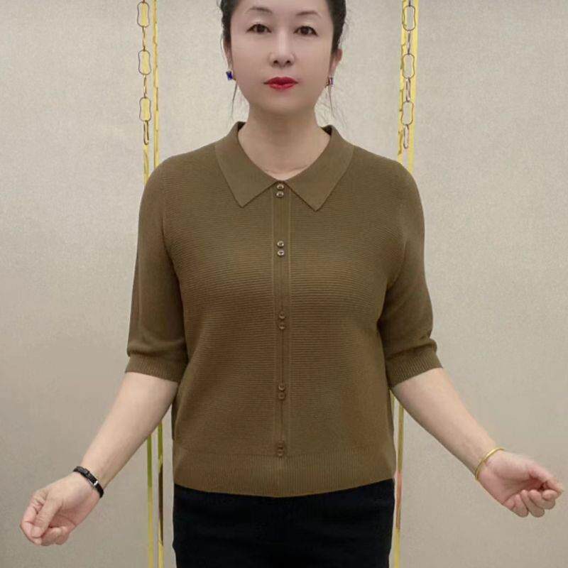 推荐时尚七分袖翻领纯色针织衫女2026秋季新款宽松显瘦百搭妈妈装